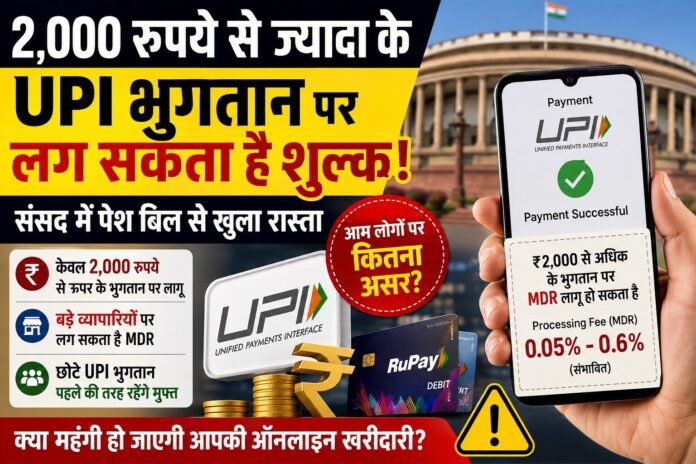 2,000 रुपये से अधिक के UPI भुगतान पर शुल्क लगाने का रास्ता खोलने वाले संसद में पेश नए बिल का सांकेतिक चित्र।