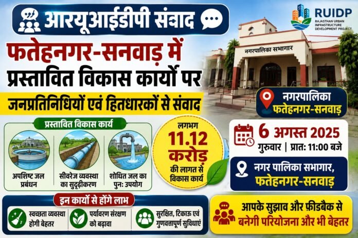 फतेहनगर-सनवाड़ में आरयूआईडीपी के प्रस्तावित विकास कार्यों पर जनप्रतिनिधियों एवं हितधारकों के साथ आयोजित संवाद कार्यक्रम।